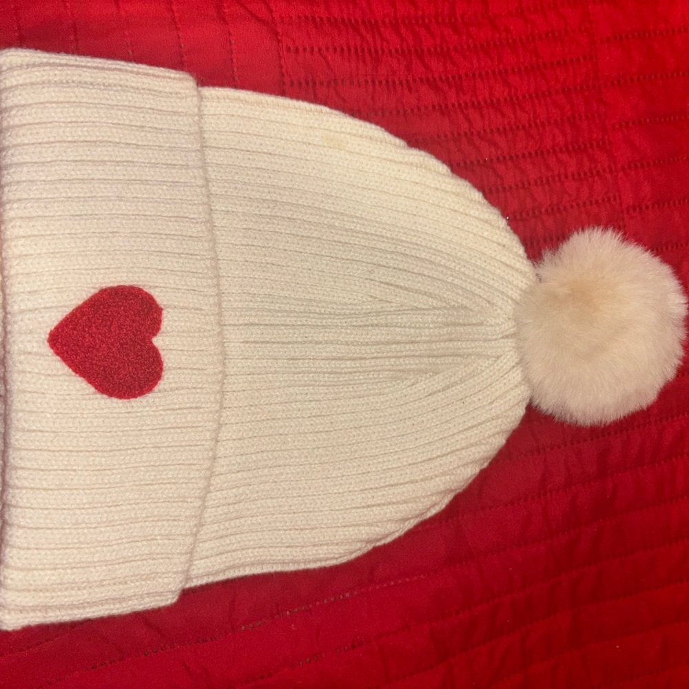 Cozy White Beanie with Red Heart Accent